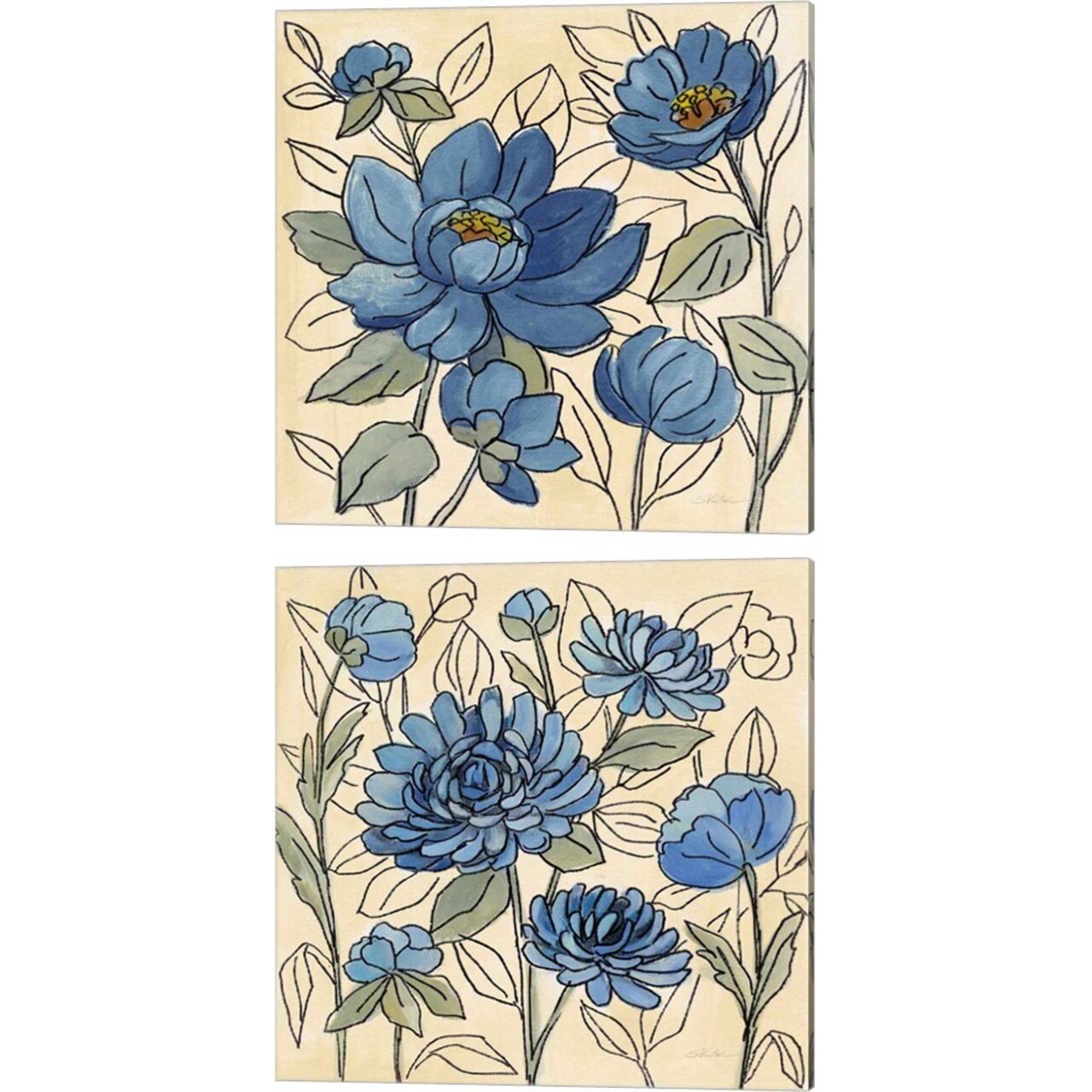 Spring Lace Floral Dark Blue by Silvia Vassileva 14" x 14" Canvas Wall Art (Set of 2)